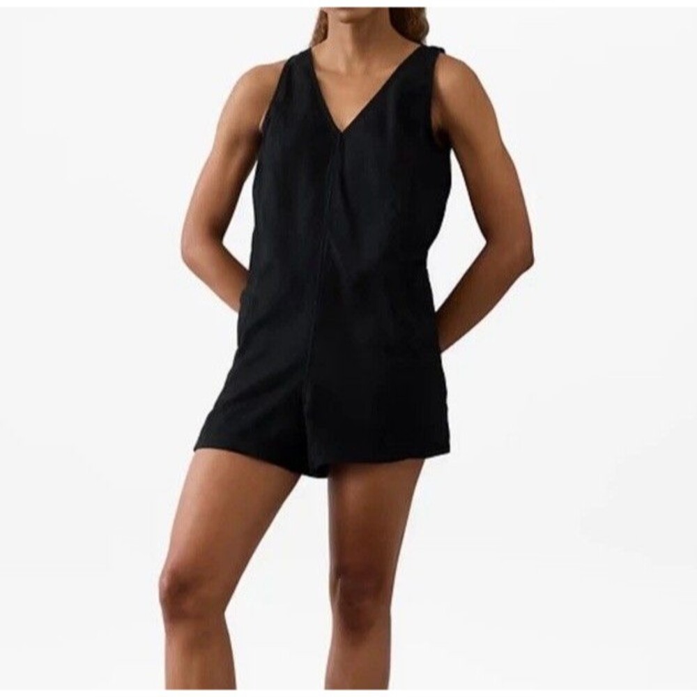 Athleta Retreat 100% Flax Linen Romper Black Size S Breathable Island Vacation
